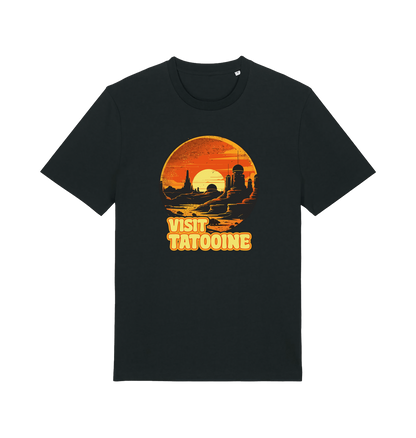 black geek t-shirt with the graphic of a sunset and the slogan 'visit tatooine'