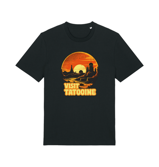 black geek t-shirt with the graphic of a sunset and the slogan 'visit tatooine'