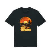 black geek t-shirt with the graphic of a sunset and the slogan 'visit tatooine'