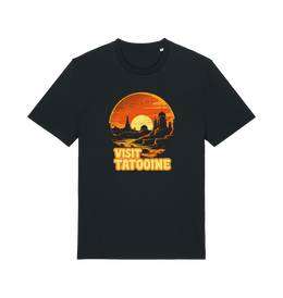 black geek t-shirt with the graphic of a sunset and the slogan 'visit tatooine'