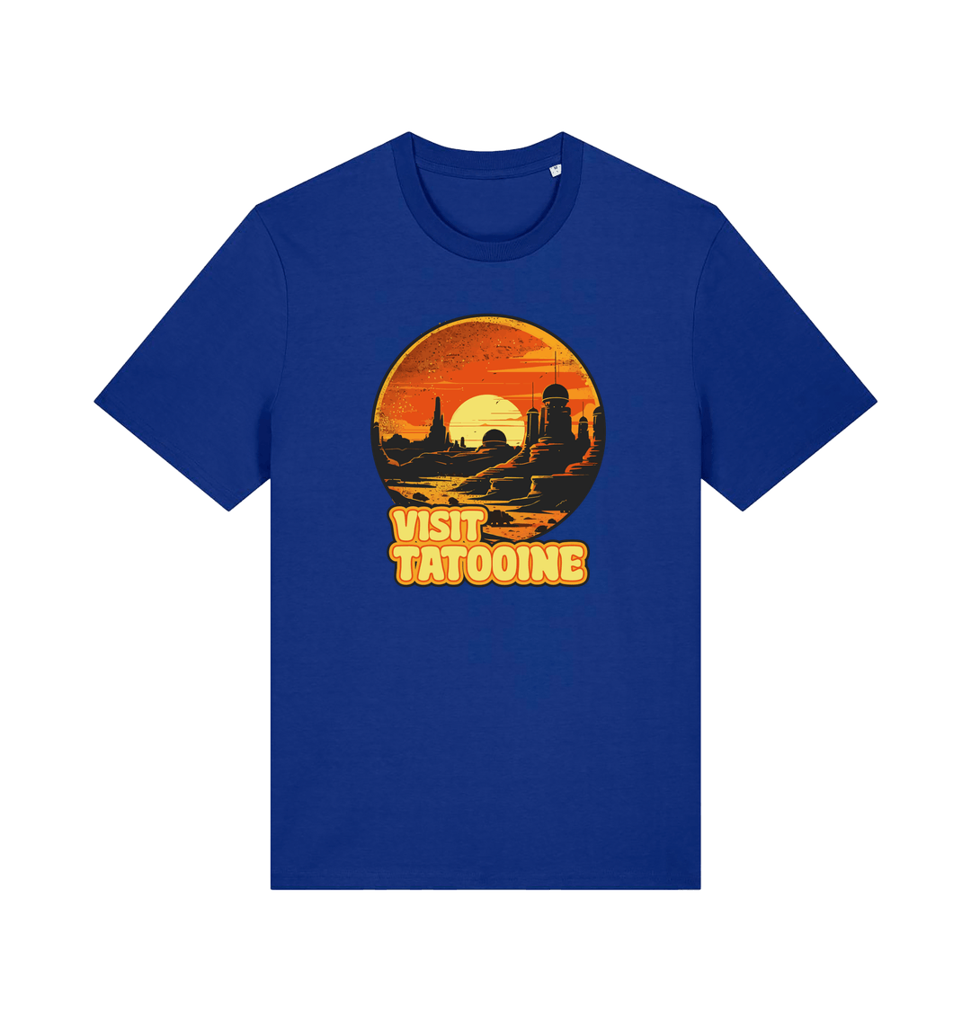 blue geek t-shirt with the graphic of a sunset and the slogan 'visit tatooine'