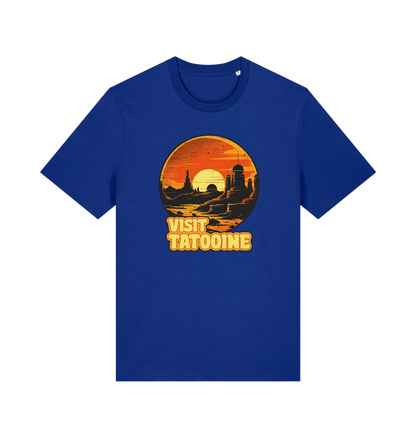 blue geek t-shirt with the graphic of a sunset and the slogan 'visit tatooine'