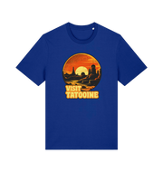 blue geek t-shirt with the graphic of a sunset and the slogan 'visit tatooine'