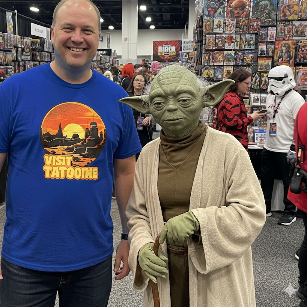 Person in a blue 'Visit Tatooine' t-shirt standing next to a Yoda costume at a convention.