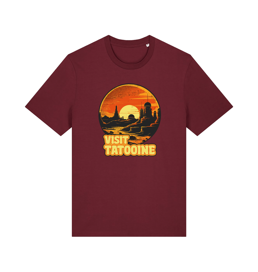 burgundy geek t-shirt with the graphic of a sunset and the slogan 'visit tatooine'