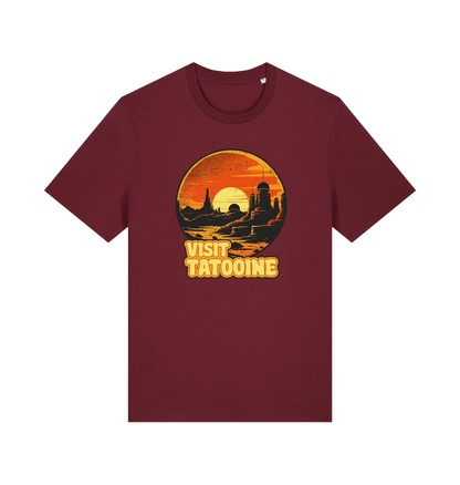 burgundy geek t-shirt with the graphic of a sunset and the slogan 'visit tatooine'