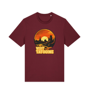 burgundy geek t-shirt with the graphic of a sunset and the slogan 'visit tatooine'