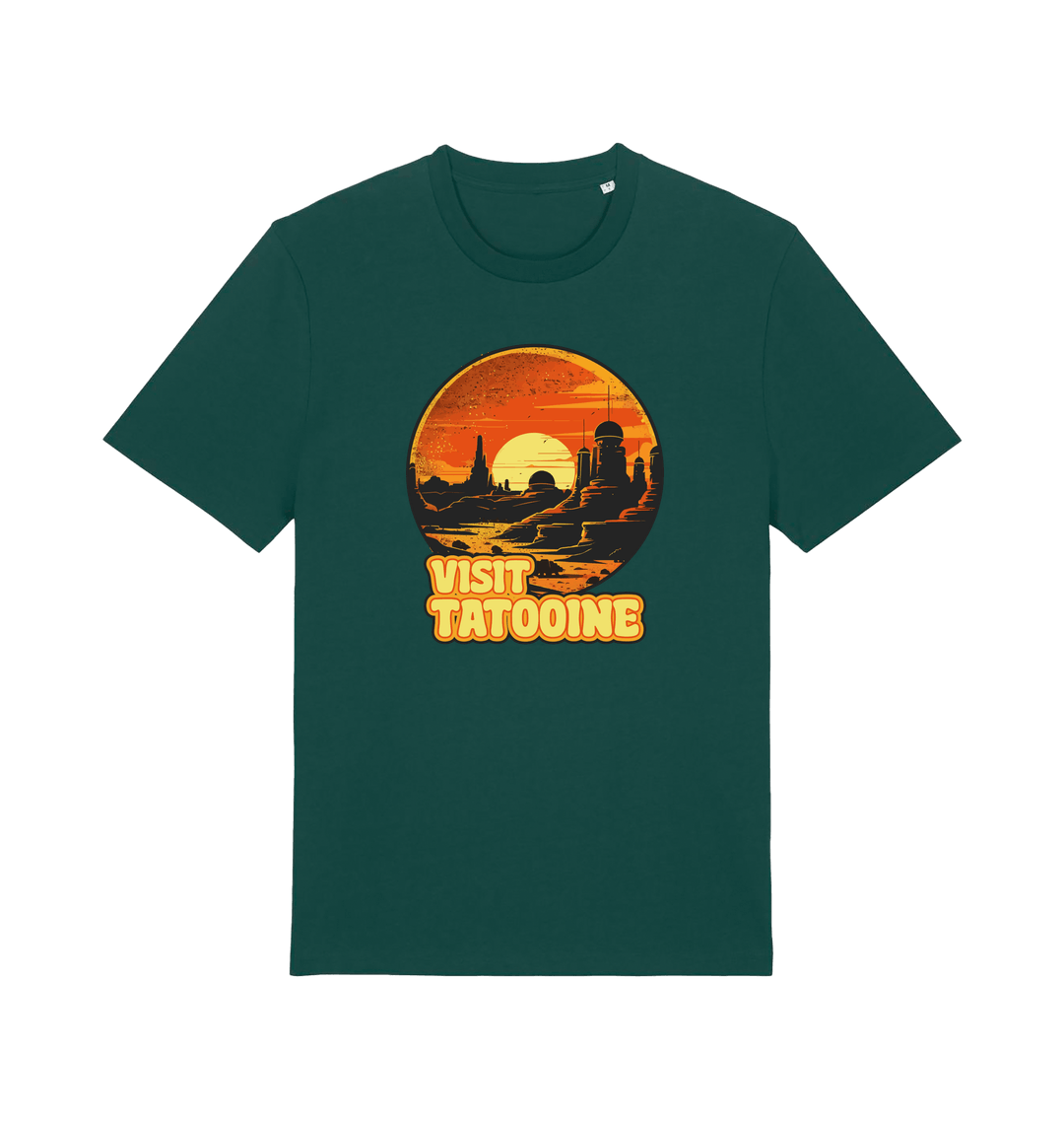 green geek t-shirt with the graphic of a sunset and the slogan 'visit tatooine'