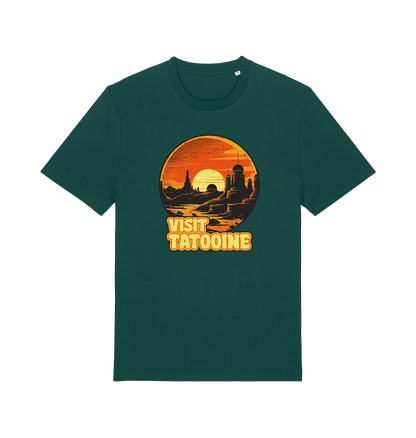 green geek t-shirt with the graphic of a sunset and the slogan 'visit tatooine'