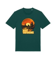 green geek t-shirt with the graphic of a sunset and the slogan 'visit tatooine'