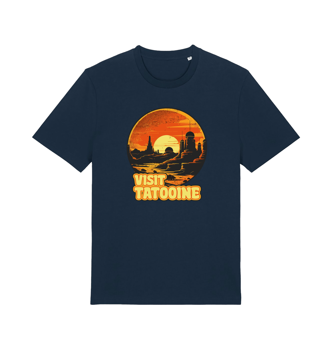 navy geek t-shirt with the graphic of a sunset and the slogan 'visit tatooine'