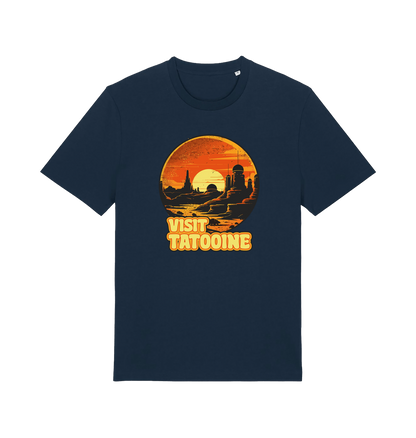 navy geek t-shirt with the graphic of a sunset and the slogan 'visit tatooine'