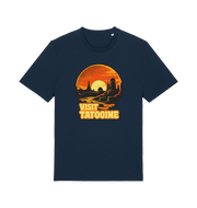 navy geek t-shirt with the graphic of a sunset and the slogan 'visit tatooine'