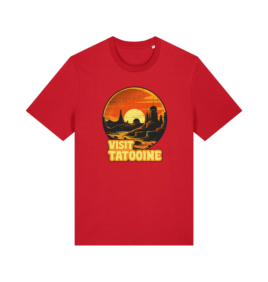 red geek t-shirt with the graphic of a sunset and the slogan 'visit tatooine'