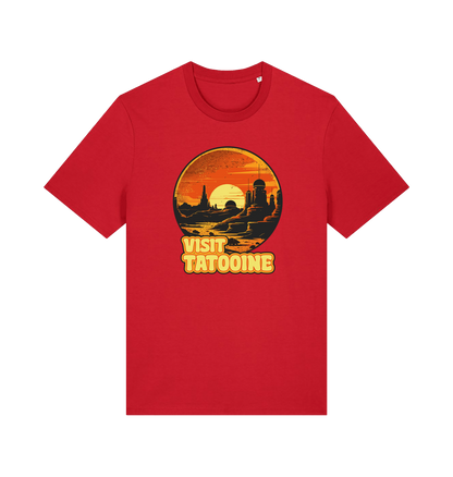 red geek t-shirt with the graphic of a sunset and the slogan 'visit tatooine'