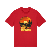 red geek t-shirt with the graphic of a sunset and the slogan 'visit tatooine'