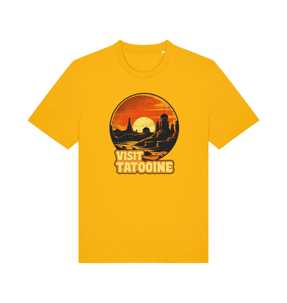 yellow geek t-shirt with the graphic of a sunset and the slogan 'visit tatooine'