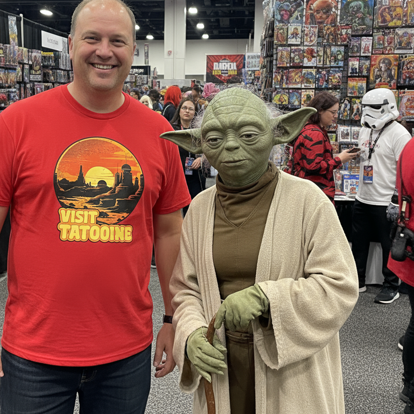 Man in red 'Visit Tatooine' t-shirt standing next to a person dressed as Yoda at a convention.