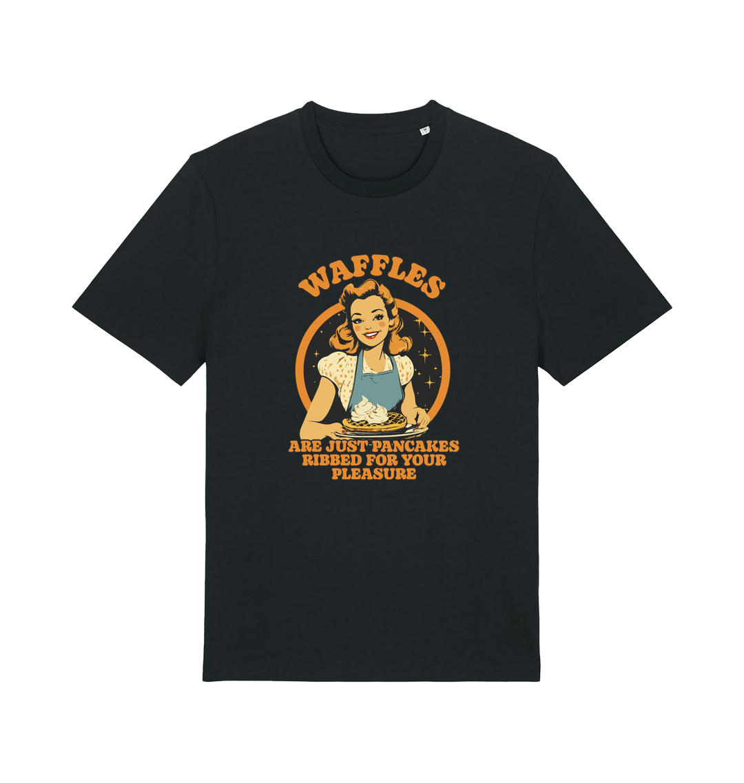black funny offensive t-shirt with the graphic of a retro housewife and the slogan 'waffles are just pancakes ribbed for your pleasure'
