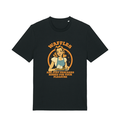 black funny offensive t-shirt with the graphic of a retro housewife and the slogan 'waffles are just pancakes ribbed for your pleasure'