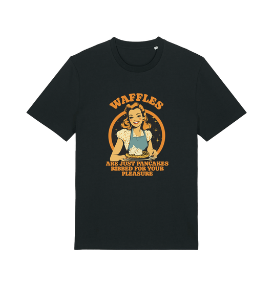 black funny offensive t-shirt with the graphic of a retro housewife and the slogan 'waffles are just pancakes ribbed for your pleasure'