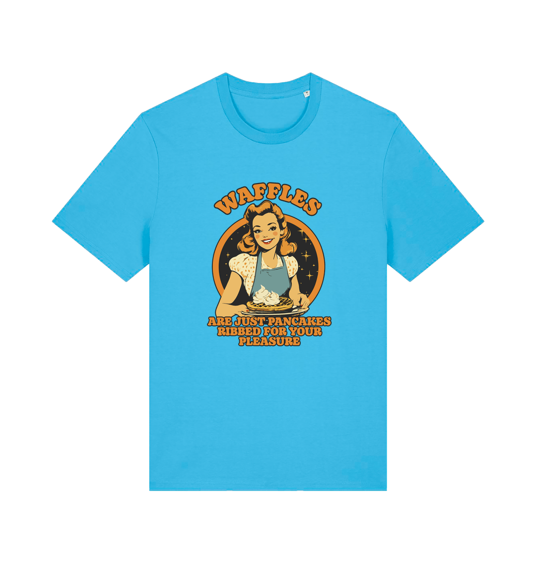 blue funny offensive t-shirt with the graphic of a retro housewife and the slogan 'waffles are just pancakes ribbed for your pleasure'