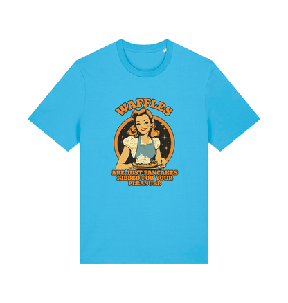 blue funny offensive t-shirt with the graphic of a retro housewife and the slogan 'waffles are just pancakes ribbed for your pleasure'
