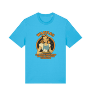 blue funny offensive t-shirt with the graphic of a retro housewife and the slogan 'waffles are just pancakes ribbed for your pleasure'