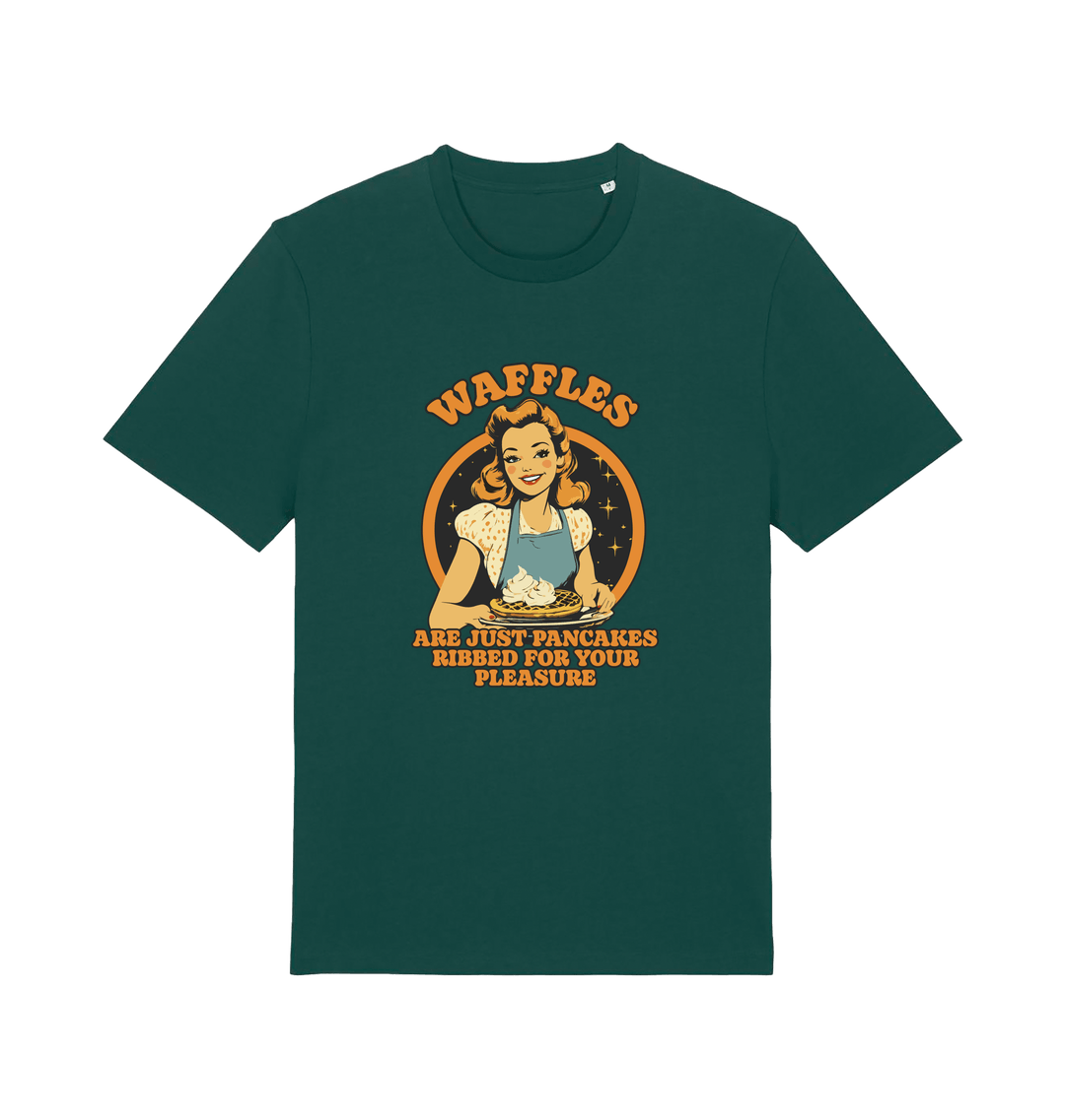 green funny offensive t-shirt with the graphic of a retro housewife and the slogan 'waffles are just pancakes ribbed for your pleasure'