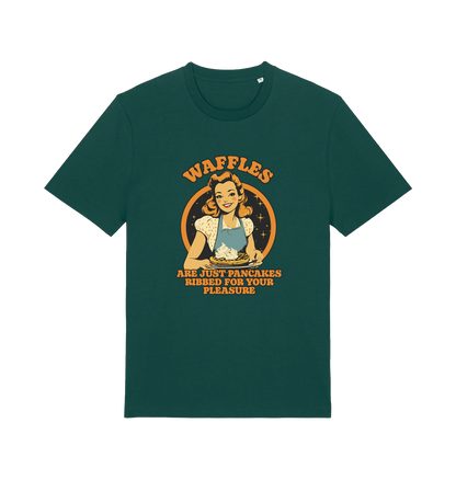 green funny offensive t-shirt with the graphic of a retro housewife and the slogan 'waffles are just pancakes ribbed for your pleasure'