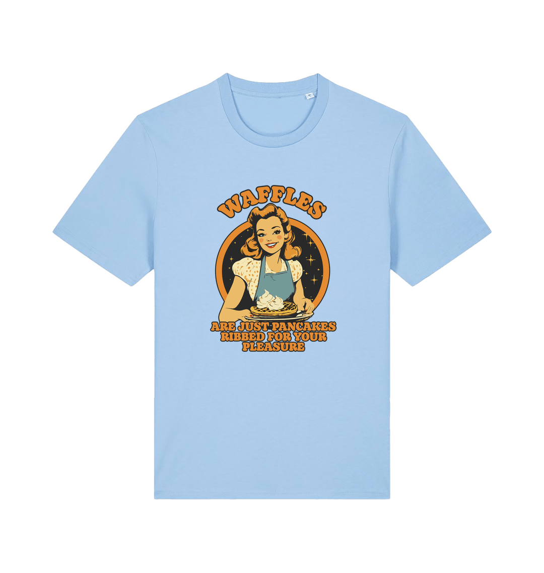 light blue funny offensive t-shirt with the graphic of a retro housewife and the slogan 'waffles are just pancakes ribbed for your pleasure'