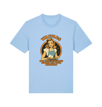 light blue funny offensive t-shirt with the graphic of a retro housewife and the slogan 'waffles are just pancakes ribbed for your pleasure'