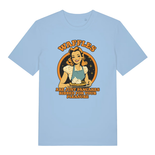light blue funny offensive t-shirt with the graphic of a retro housewife and the slogan 'waffles are just pancakes ribbed for your pleasure'