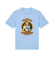 light blue funny offensive t-shirt with the graphic of a retro housewife and the slogan 'waffles are just pancakes ribbed for your pleasure'