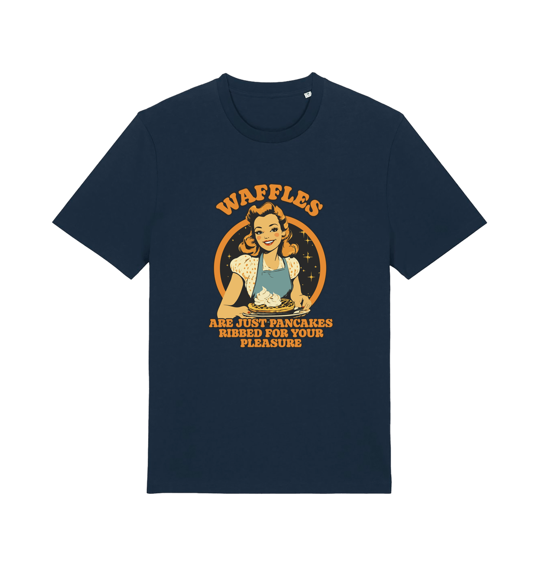 navy funny offensive t-shirt with the graphic of a retro housewife and the slogan 'waffles are just pancakes ribbed for your pleasure'