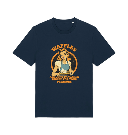 navy funny offensive t-shirt with the graphic of a retro housewife and the slogan 'waffles are just pancakes ribbed for your pleasure'