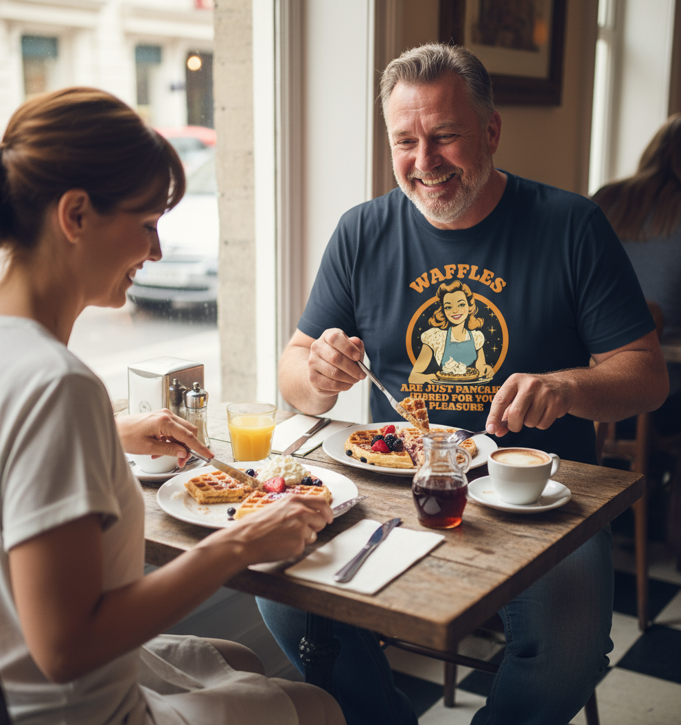 Two people enjoying waffles at a restaurant with a man wearing a 'Waffles' t-shirt.