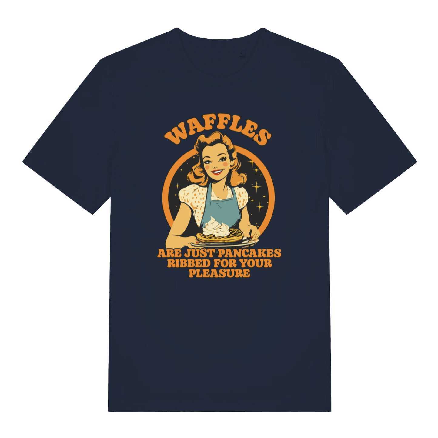 navy funny offensive t-shirt with the graphic of a retro housewife and the slogan 'waffles are just pancakes ribbed for your pleasure'