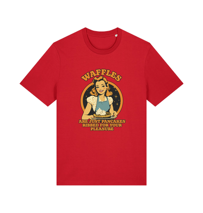 red funny offensive t-shirt with the graphic of a retro housewife and the slogan 'waffles are just pancakes ribbed for your pleasure'