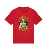 red funny offensive t-shirt with the graphic of a retro housewife and the slogan 'waffles are just pancakes ribbed for your pleasure'