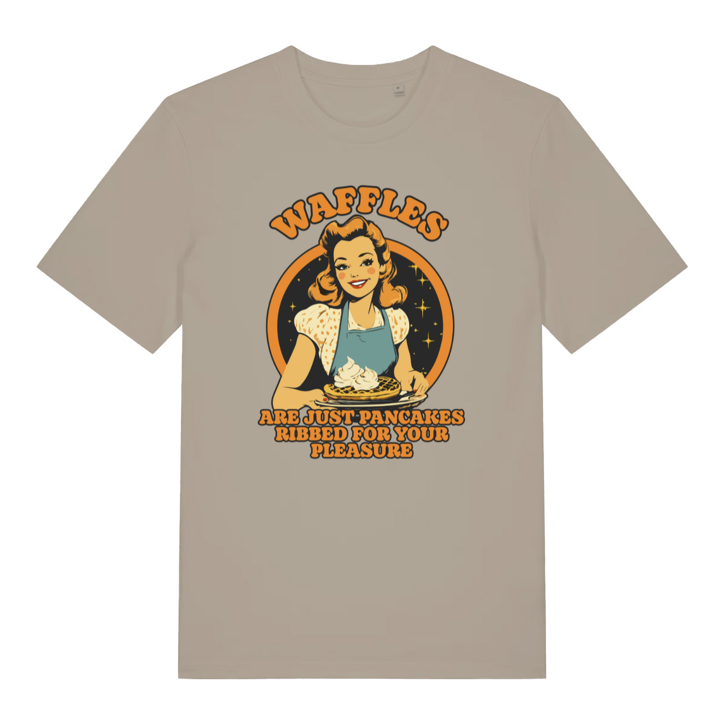 stone funny offensive t-shirt with the graphic of a retro housewife and the slogan 'waffles are just pancakes ribbed for your pleasure'