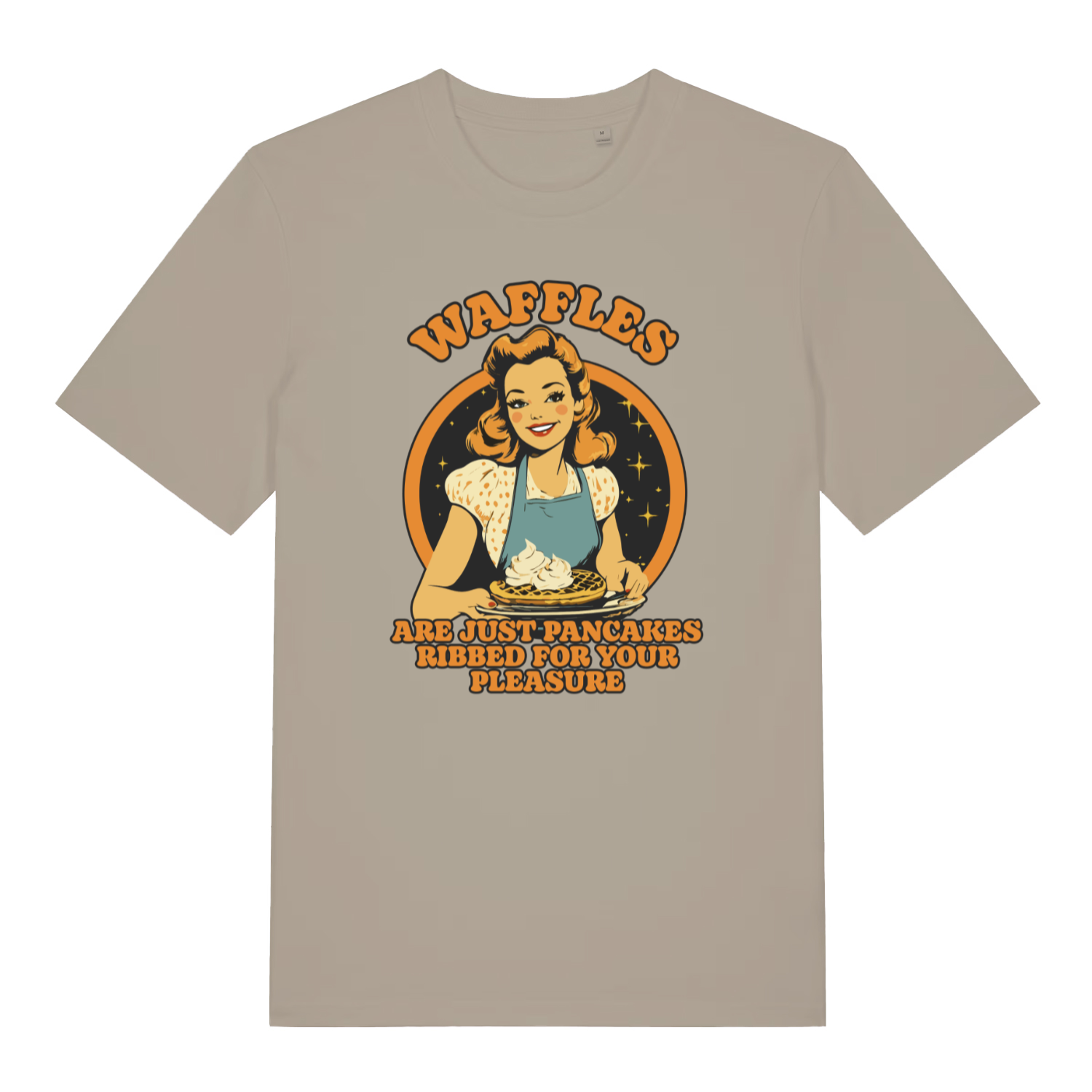 stone funny offensive t-shirt with the graphic of a retro housewife and the slogan 'waffles are just pancakes ribbed for your pleasure'