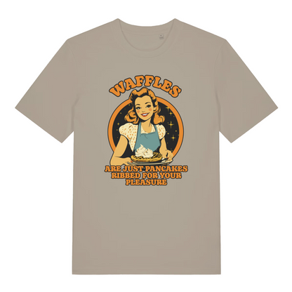 stone funny offensive t-shirt with the graphic of a retro housewife and the slogan 'waffles are just pancakes ribbed for your pleasure'
