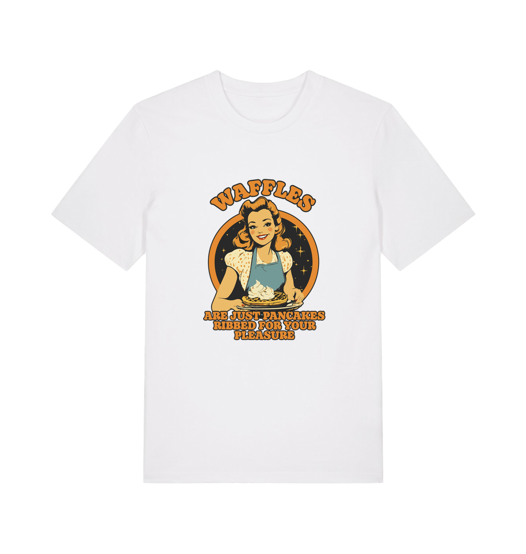 white funny offensive t-shirt with the graphic of a retro housewife and the slogan 'waffles are just pancakes ribbed for your pleasure'