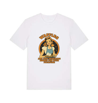 white funny offensive t-shirt with the graphic of a retro housewife and the slogan 'waffles are just pancakes ribbed for your pleasure'