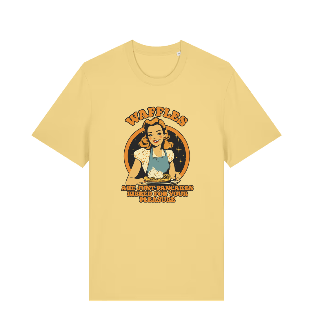 yellow funny offensive t-shirt with the graphic of a retro housewife and the slogan 'waffles are just pancakes ribbed for your pleasure'