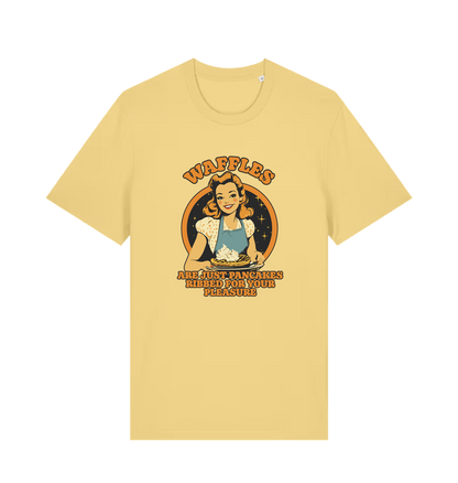 yellow funny offensive t-shirt with the graphic of a retro housewife and the slogan 'waffles are just pancakes ribbed for your pleasure'