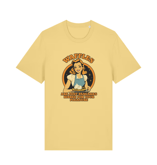 yellow funny offensive t-shirt with the graphic of a retro housewife and the slogan 'waffles are just pancakes ribbed for your pleasure'