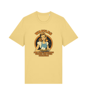 yellow funny offensive t-shirt with the graphic of a retro housewife and the slogan 'waffles are just pancakes ribbed for your pleasure'