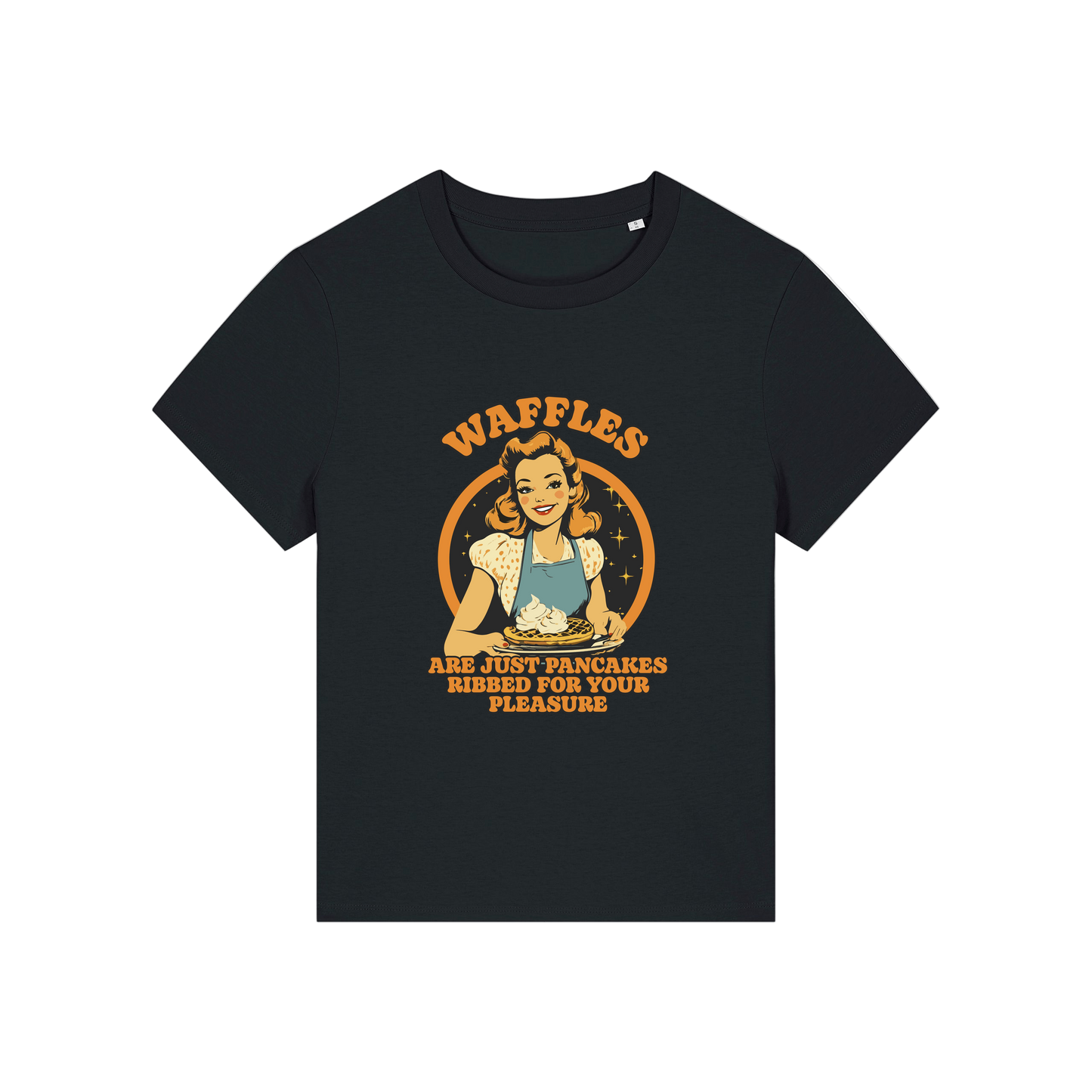 black funny offensive t-shirt with the graphic of a retro housewife and the slogan 'waffles are just pancakes ribbed for your pleasure'